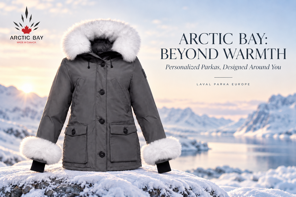 Arctic Bay Laval Parka Europe with white fur cuffs in a snowy winter landscape