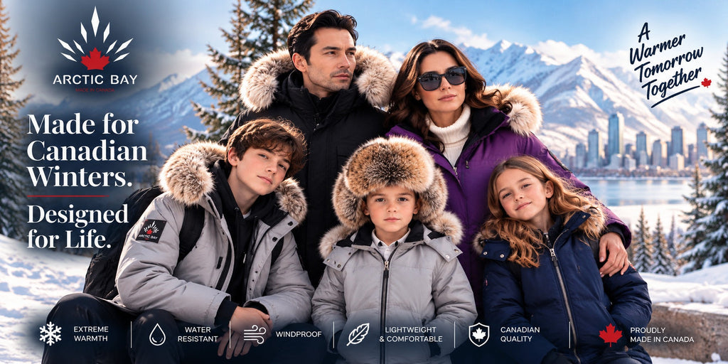 Arctic Bay family wearing Canadian winter parkas in a snowy mountain setting