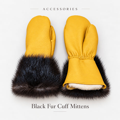 Arctic Bay yellow leather mittens with black fur cuffs
