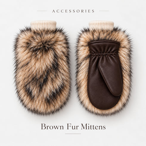 Arctic Bay brown fur mittens with dark brown leather palm