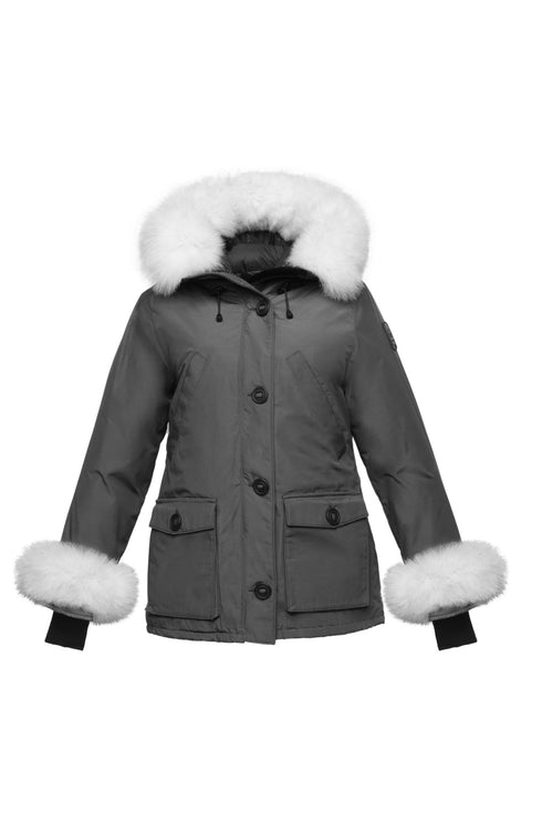 Arctic Bay Laval steel grey parka with white fur trim