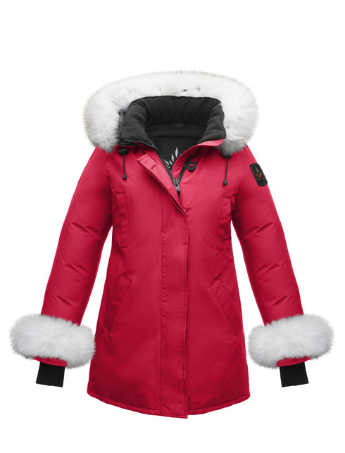 Arctic Bay red parka with white fur trim