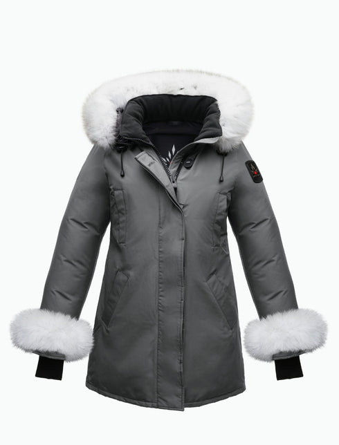 Arctic Bay steel grey parka with white fur trim