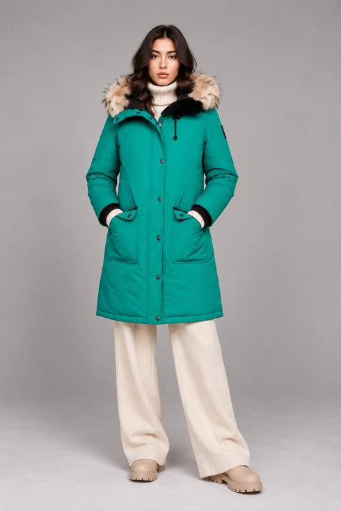 Arctic Bay Mirabella Parka in green front view