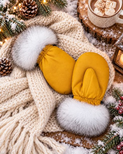 Arctic Bay White Fur Cuff Mittens - winter lifestyle