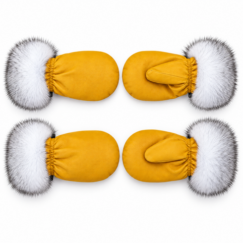 Arctic Bay White Fur Cuff Mittens - studio views
